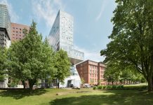 HAW Hamburg strukturiert sich um Ein hohes Glasgebäude in der Mitte der HAW Hamburg. Davor ist eine grüne Wiese mit zwei Bäumen rechts und links.