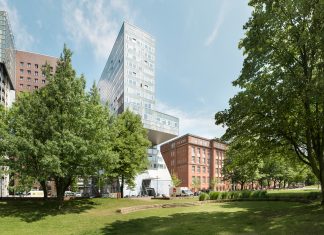 HAW Hamburg strukturiert sich um Ein hohes Glasgebäude in der Mitte der HAW Hamburg. Davor ist eine grüne Wiese mit zwei Bäumen rechts und links.