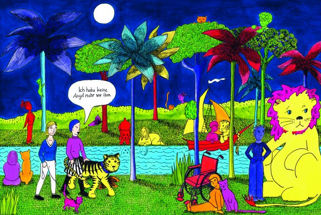 Illustration einer bunten Dschungelszene, in der mehrere Frauen mit ihren Katzen zu sehen sind, die ihren Tumor darstellen.
