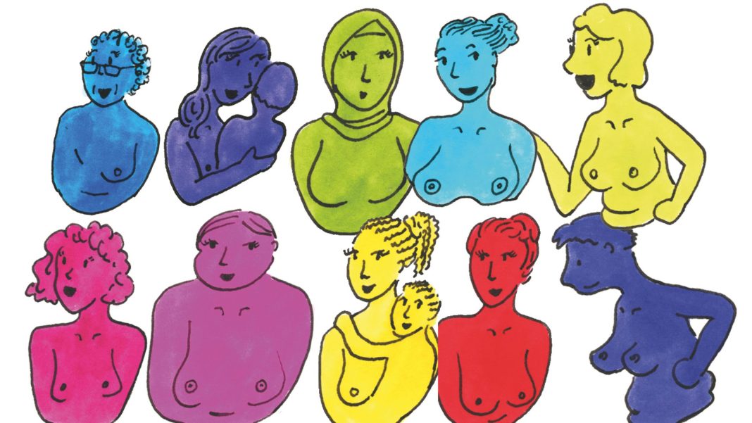 Eine Illustration mit elf Oberkörpern von Frauen in verschiedenen Farben. Es geht um das thema Brust und Brustkrebs.