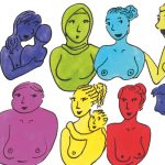 Brustkrebs: Den „Tumor-Tiger” bändigen Eine Illustration mit elf Oberkörpern von Frauen in verschiedenen Farben. Es geht um das thema Brust und Brustkrebs.