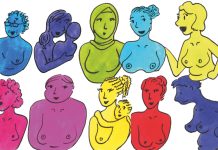 Brustkrebs: Den „Tumor-Tiger” bändigen Eine Illustration mit elf Oberkörpern von Frauen in verschiedenen Farben. Es geht um das thema Brust und Brustkrebs.