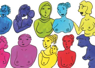 Brustkrebs: Den „Tumor-Tiger” bändigen Eine Illustration mit elf Oberkörpern von Frauen in verschiedenen Farben. Es geht um das thema Brust und Brustkrebs.