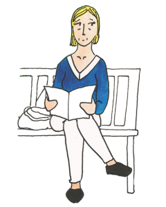 Illustration einer Frau mit blonden Haaren und blauem Oberteil sitzt auf einer Bank.