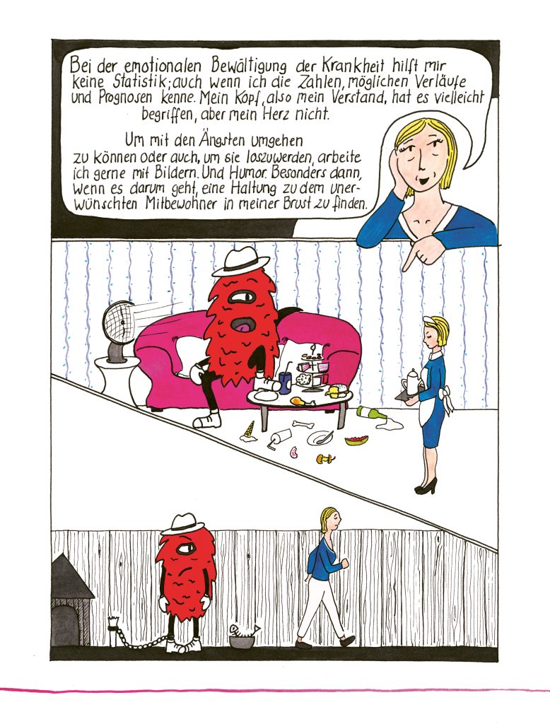 Ein rotes Männchen sitzt auf einem Sofa und frisst Kuchen. Es stellt Brustkrebs dar.