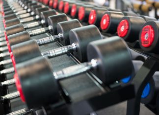 Hamburgs größter Freizeitsportverein meldet Insolvenz an Reihe von Hanteln in einem Fitnessstudio, ordentlich auf einem Hantelständer angeordnet.