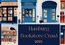 Bookstore-crawl Hamburg beginnt Eine Illustration in blau gehalten, mit einem gemütlichen Bücherregal und der Überschrift Bookstore Crawl 2025