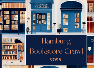 Bookstore-crawl Hamburg beginnt Eine Illustration in blau gehalten, mit einem gemütlichen Bücherregal und der Überschrift Bookstore Crawl 2025