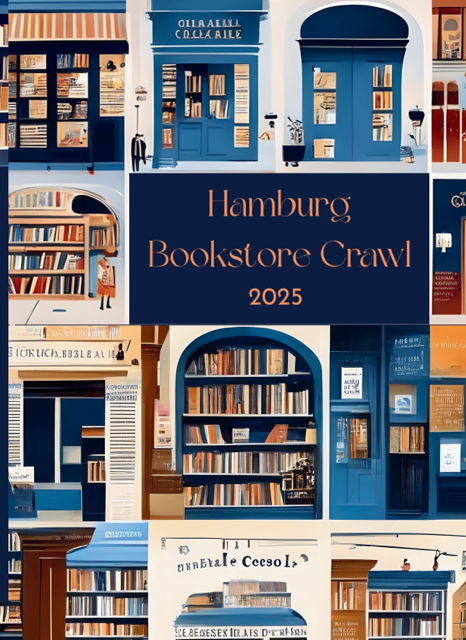 IMG_1009 Eine Illustration in blau gehalten, mit einem gemütlichen Bücherregal und der Überschrift Bookstore Crawl 2025