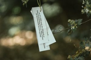 Ein Zettel wurde an einem Ast befestigt. Auf dem Zettel steht: Am 27.1.2024 wurde der Hitlergruß am Holocaust-Gedenktag durch das offene Fenster der Burschenschaft Germania gezeigt. 