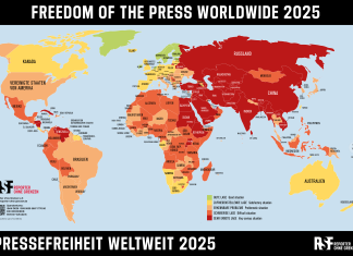 Hamburger Woche der Pressefreiheit startet Eine Weltkarte, auf der Länder grün sind in denen die Pressefreiheit gut ist. Länder in denen sie schlecht ist, sind rot.
