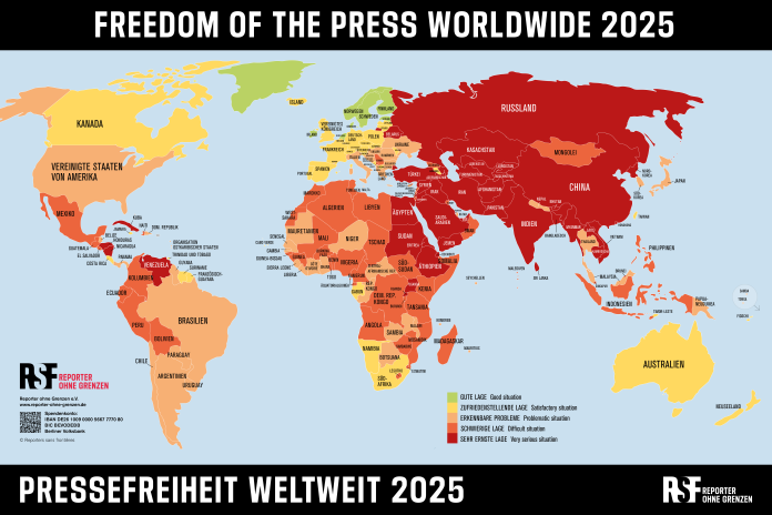 Weltkarte der Pressefreiheit 2025 Eine Weltkarte, auf der Länder grün sind in denen die Pressefreiheit gut ist. Länder in denen sie schlecht ist, sind rot.
