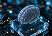 HAW-Vortragsreihe “What is the good in AI?” startet Zu sehen ist ein künstliches Gehirn auf einem Glasblock. Drumherum sind unscharf Lichter und Vernetzungen zu erkennen. Symbolbild für Künstliche Intelligenz. Passend zur Vortragsreihe.