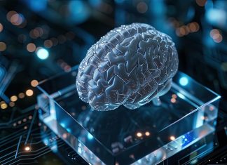 HAW-Vortragsreihe “What is the good in AI?” startet Zu sehen ist ein künstliches Gehirn auf einem Glasblock. Drumherum sind unscharf Lichter und Vernetzungen zu erkennen. Symbolbild für Künstliche Intelligenz. Passend zur Vortragsreihe.