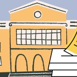 Studierendenparlament HAW Hamburg: Kandidaturfrist verlängert Das Bild zeigt die Illustration eines Gebäudes. Im Vordergrund ist eine Hand zu sehen, die einen gelben Zettel in eine Wahlurne wirft.