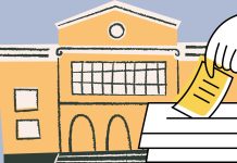 Studierendenparlament HAW Hamburg: Kandidaturfrist verlängert Das Bild zeigt die Illustration eines Gebäudes. Im Vordergrund ist eine Hand zu sehen, die einen gelben Zettel in eine Wahlurne wirft.