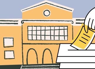 Studierendenparlament HAW Hamburg: Kandidaturfrist verlängert Das Bild zeigt die Illustration eines Gebäudes. Im Vordergrund ist eine Hand zu sehen, die einen gelben Zettel in eine Wahlurne wirft.