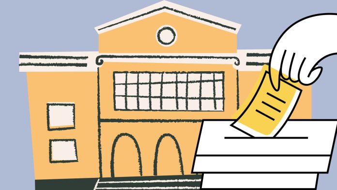 Die StuPa Wahlen stehen an Das Bild zeigt die Illustration eines Gebäudes. Im Vordergrund ist eine Hand zu sehen, die einen gelben Zettel in eine Wahlurne wirft.