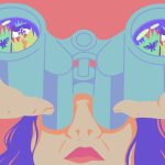 Rechtsextremismus in unserer Nachbarschaft Eine bunte Illustration zeigt eine Person mit lange Haaren, die durch ein Fernrohr blickt. Auf den Fernrohrgläsern sind rechte Symbole zu sehen, wie ein Adler, eine Hand, die Reichsbürgerflagge.