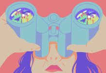 Rechtsextremismus in unserer Nachbarschaft Eine bunte Illustration zeigt eine Person mit lange Haaren, die durch ein Fernrohr blickt. Auf den Fernrohrgläsern sind rechte Symbole zu sehen, wie ein Adler, eine Hand, die Reichsbürgerflagge.