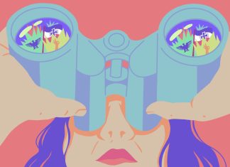 Rechtsextremismus in unserer Nachbarschaft Eine bunte Illustration zeigt eine Person mit lange Haaren, die durch ein Fernrohr blickt. Auf den Fernrohrgläsern sind rechte Symbole zu sehen, wie ein Adler, eine Hand, die Reichsbürgerflagge.