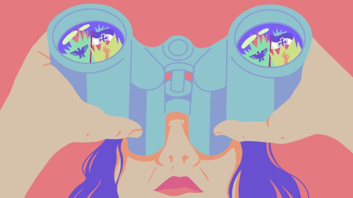 Lilli_Schroeder_Illustration_Rechtsextremismus in Hamburg Eine bunte Illustration zeigt eine Person mit lange Haaren, die durch ein Fernrohr blickt. Auf den Fernrohrgläsern sind rechte Symbole zu sehen, wie ein Adler, eine Hand, die Reichsbürgerflagge.