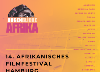 Afrikanisches Filmfestival startet in Hamburg Orangenes Plakat mit der Aufschrift 14. Afrikanisches Filmfestival Hamburg. Rechts sind die afrikanischen Länder aufgeliset, die dabei sind.