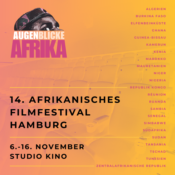 Filmfestival Orangenes Plakat mit der Aufschrift 14. Afrikanisches Filmfestival Hamburg. Rechts sind die afrikanischen Länder aufgeliset, die dabei sind.