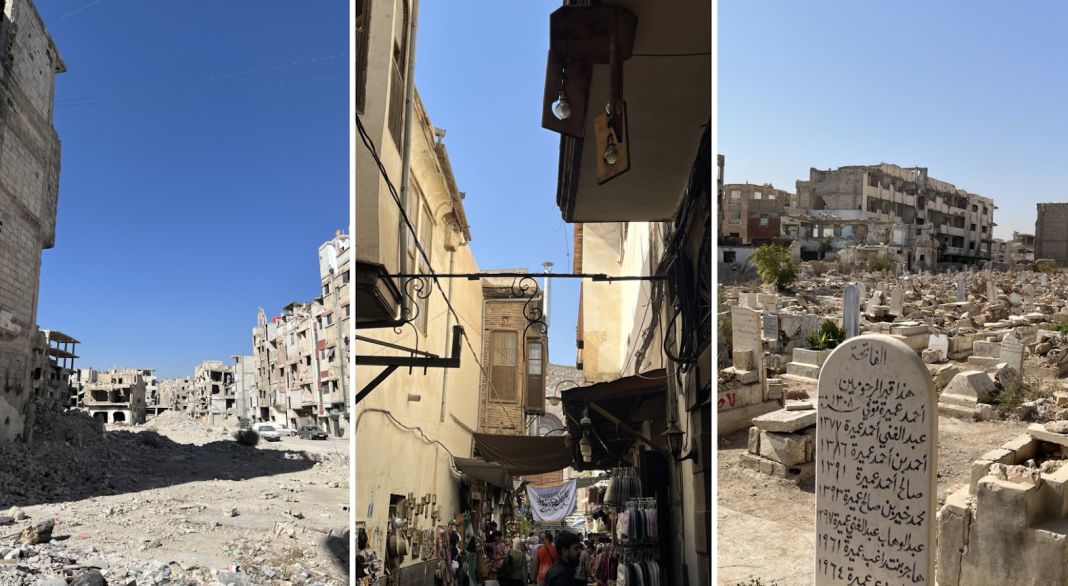 Syrien Bild Man sieht einen Zusammenschnitt von drei Bildern. Auf zwei davon sind zerstörte Gebäude zu sehen. Auf einem eine Straße die intakt wirkt.