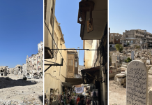 Wie sicher ist Syrien? Man sieht einen Zusammenschnitt von drei Bildern. Auf zwei davon sind zerstörte Gebäude zu sehen. Auf einem eine Straße die intakt wirkt.