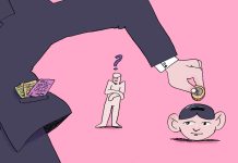 Grundeinkommen und Armut: Diese Diskussion brauchen wir jetzt Ein Arm im Anzug wirft ein Geldstück in eine Spardose. Die Spardose ist ein Gesicht. In der Mitte des Bildes steht eine Person mit verschrenkten Armen, über ihr ist ein Fragezeichen.