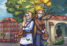 Eintauchen in Erinnerungskultur Eine Illustration von zwei jungen Frauen vor einem Apfelbaum. Rechts neben ihnen befindet sich ein Klinkergebäude mit blauem Himmel, links daneben ein Tor mit Stacheldraht und dunklem Himmel. DAs Artwork ist Teil des Videospiels die Kinder vom Bullenhuser Damm