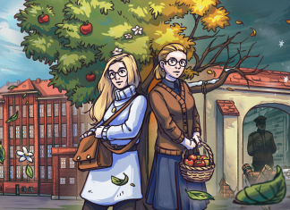 Eintauchen in Erinnerungskultur Eine Illustration von zwei jungen Frauen vor einem Apfelbaum. Rechts neben ihnen befindet sich ein Klinkergebäude mit blauem Himmel, links daneben ein Tor mit Stacheldraht und dunklem Himmel. DAs Artwork ist Teil des Videospiels die Kinder vom Bullenhuser Damm