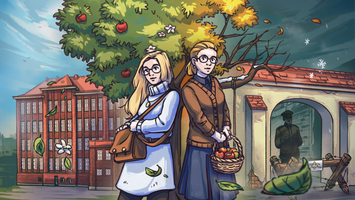 Bullenhuser Damm_KeyArt_Kati Eine Illustration von zwei jungen Frauen vor einem Apfelbaum. Rechts neben ihnen befindet sich ein Klinkergebäude mit blauem Himmel, links daneben ein Tor mit Stacheldraht und dunklem Himmel. DAs Artwork ist Teil des Videospiels die Kinder vom Bullenhuser Damm