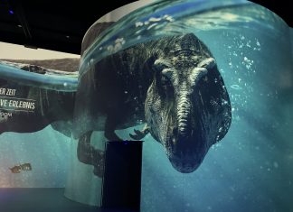Dinosaurier in der Hafencity: Lebensgroß mit leisen Tönen Dinosaurier auf Leinwand