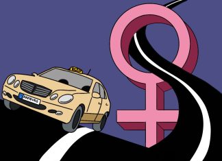 Warum es auch in Hamburg Frauentaxis braucht Eine Illustration von einem Taxi mit einem Venussymbol im Hintergrund