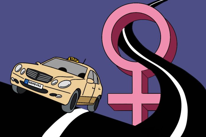 Eine Illustration von einem Taxi mit einem Venussymbol im Hintergrund