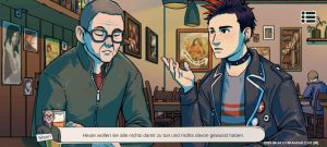 Ein Screenshot aus dem Videospiel, in dem sich ein älterer Mann mit Brille und ein Punk in einer Kneipe unterhalten. Der Mann sagt: "Heute wollen sie alle nichts damit zu tun und nichts davon gewusst haben."