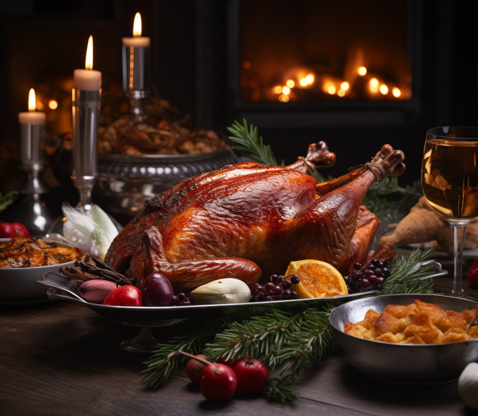 christmas-goose-8462173_1280 Eine gebackene Weihnachtsgans steht auf einem weihnachtlich abgedeckten Tisch.