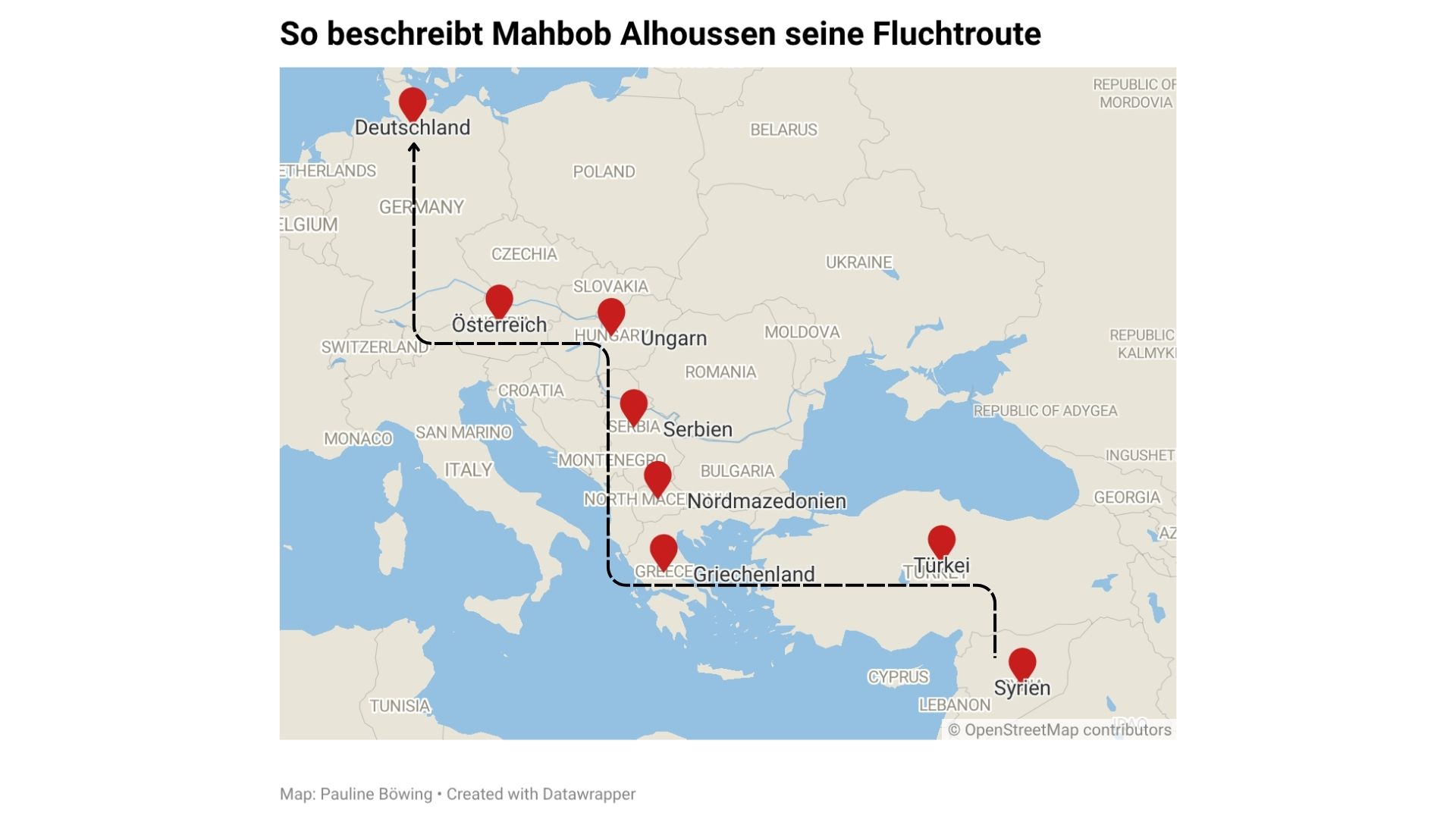 Eine Karte auf der die Fluchtroute eingezeichnet ist, die Mahbob beschreibt.