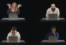 KI oder nicht KI? Ein in vier gleichgroße Rechtecke geteiltes Bild. Jede Ecke zeigt eine andere Person im gleichen Setting an einem Tisch mit Laptop mit schwarzen Hintergrund. Die Personen sind zwei Frauen und zwei Männer. Ihre Gesichtsausdrücke zeigen Reaktionen von einem Experiment, in dem sie KI-generierten von echten Content unterscheiden sollten.