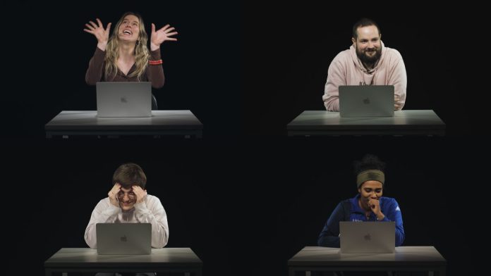 Ein in vier gleichgroße Rechtecke geteiltes Bild. Jede Ecke zeigt eine andere Person im gleichen Setting an einem Tisch mit Laptop mit schwarzen Hintergrund. Die Personen sind zwei Frauen und zwei Männer. Ihre Gesichtsausdrücke zeigen Reaktionen von einem Experiment, in dem sie KI-generierten von echten Content unterscheiden sollten.