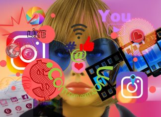 Parasoziale Beziehungen als Geschäftsmodell Eine Frau hinter Logos von unterschiedlichen sozialen Netzwerken und anderen Symbolen.