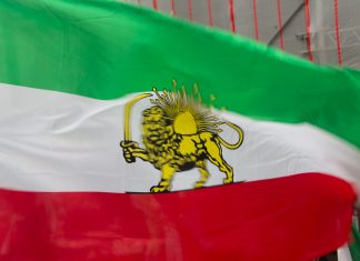 Auseinandersetzungen bei Protestaktion in Hamburg Das Bild einer iranischen Flagge mit goldenem Löwen.