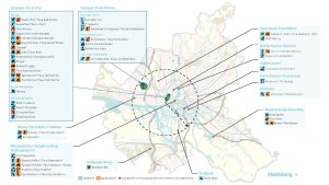 Zu sehen ist eine Karte von Hamburg. Eingezeichnet ist, wo die jeweiligen Disziplinen in der Stadt stattfinden könnten.