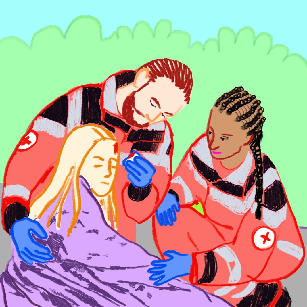 Sanitäter_Ehrenamt Eine bunte illustration von zwei Personen im Sanitäter*innen-Outfit, die einer dritten Person helfen.