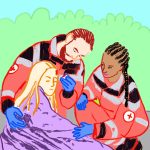 „Auch wenn alles scheiße läuft, sind wir füreinander da” Eine bunte illustration von zwei Personen im Sanitäter*innen-Outfit, die einer dritten Person helfen.