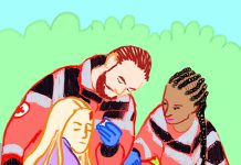 „Auch wenn alles scheiße läuft, sind wir füreinander da” Eine bunte illustration von zwei Personen im Sanitäter*innen-Outfit, die einer dritten Person helfen.