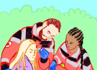 „Auch wenn alles scheiße läuft, sind wir füreinander da” Eine bunte illustration von zwei Personen im Sanitäter*innen-Outfit, die einer dritten Person helfen.