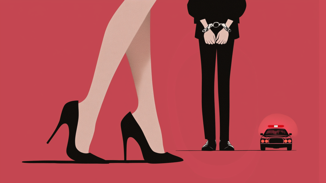Das Nordische Modell bestraft Kund*innen von Sexarbeit: Rechts sind die Beine einer Frau in High-Heels zu sehen. Rechts ist der Unterkörper eines Mannes zu sehen, seine Hände sind in Handschellen. Daneben ist ein Polizeiauto.